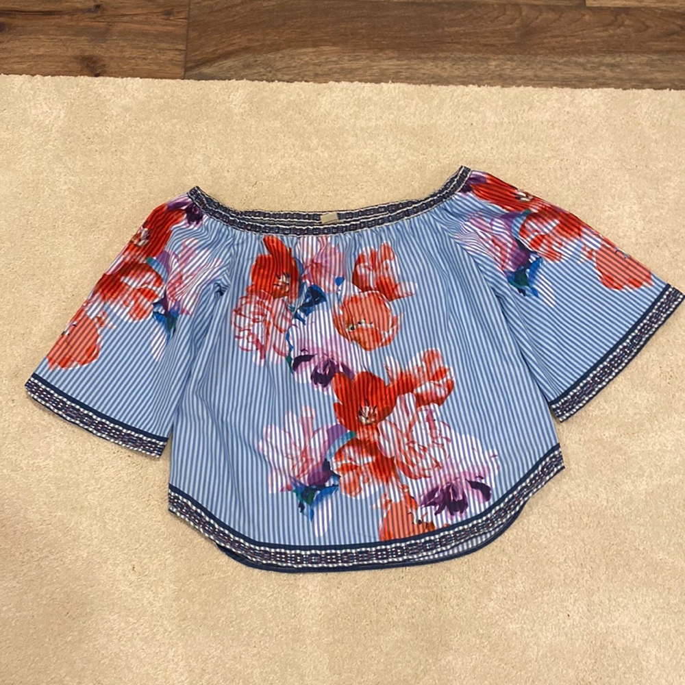 Off the shoulder blue and white stripe top with red and pink flowers